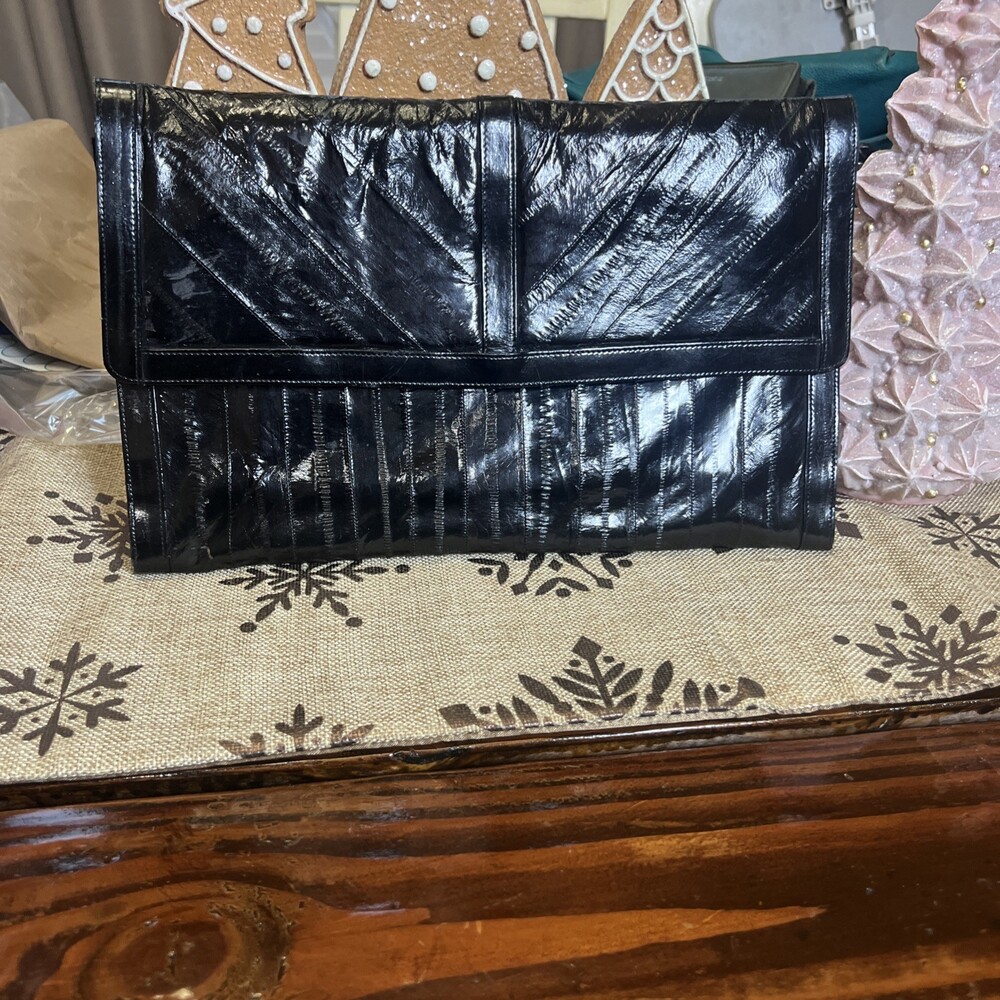 Leather of the Sea Handbag Unisex Clutch Eel Skin Purse Black Vintage Zippered